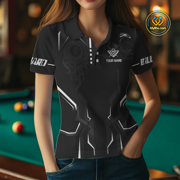 Customized 8 Ball Pool Crown Women Billiard Shirt, White And Black Billiard Team Shirt, Pool Jersey TDM4053