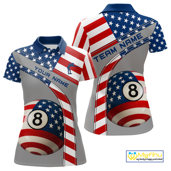 Custom Women's 8 Ball Billiard Shirts, American Flag Polo & 1/4 Zip Patriotic Pool Team Jerseys TDM4055