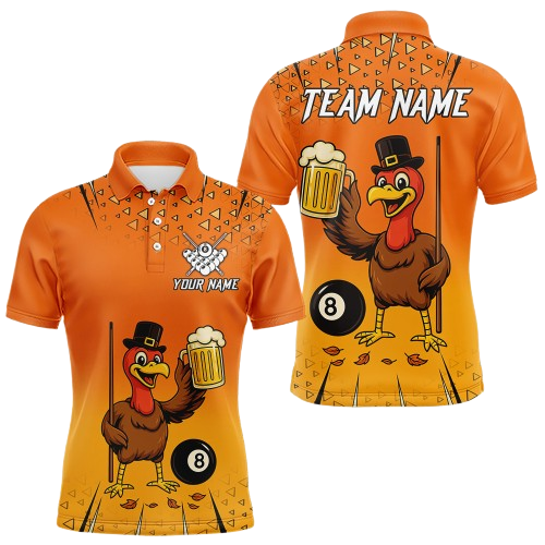Orange Funny Turkey 8 Ball Pool Billiard Shirt For Men Custom Thanksgiving Billiard Jersey TDM4836