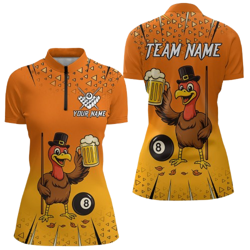 Orange Funny Turkey 8 Ball Pool Billiard Shirt For Women Custom Thanksgiving Billiard Jersey TDM4836
