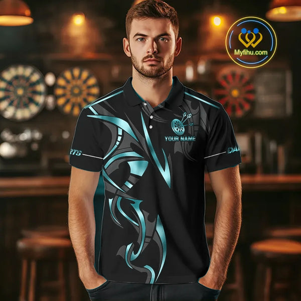 Black And Turquoise Dartboard Crown Dart Shirts For Men Custom Dart Jersey Team Polo & Quarter Zip TDM4061