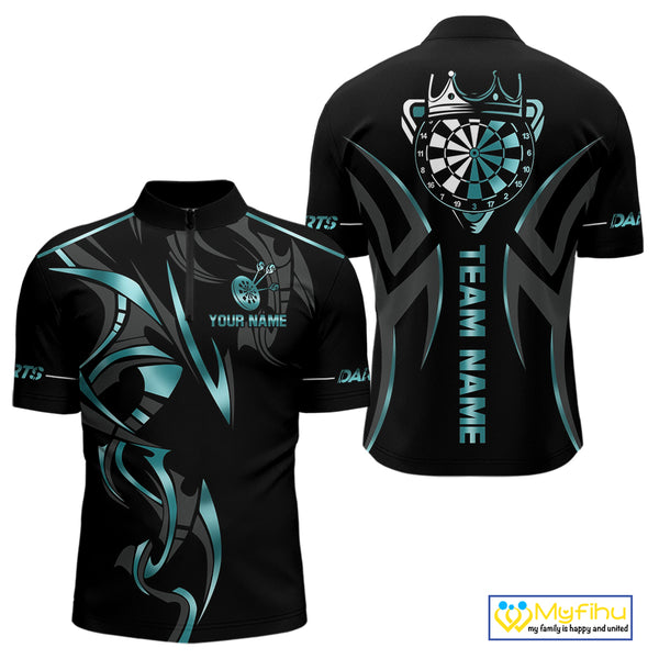 Black And Turquoise Dartboard Crown Dart Shirts For Men Custom Dart Jersey Team Polo & Quarter Zip TDM4061