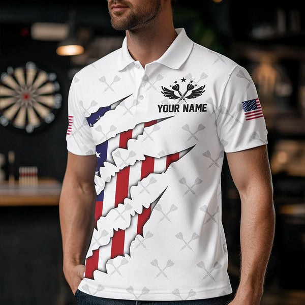 Personalized American Flag Darts Pattern Polo & Quarter-Zip Shirts For Men, Patriotic Darts Jerseys TDM1675