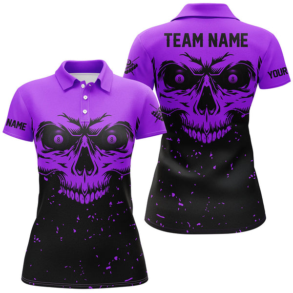 Custom Grunge Purple Black Skull Billiard Women Jerseys Shirts, 8 Ball Billiards Apparel Clothing TDM1877