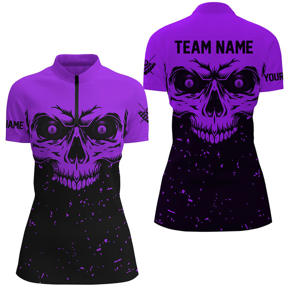 Custom Grunge Purple Black Skull Billiard Women Jerseys Shirts, 8 Ball Billiards Apparel Clothing TDM1877