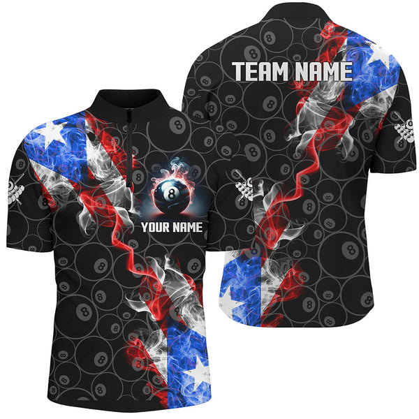 Personalize US Flag Smoke 8 Ball Billiard Men Polo, 1/4 Zip Shirt Custom Patriotic Billiard Jersey TDM3293