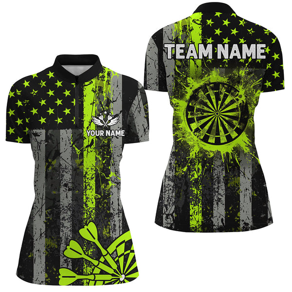 Custom Green Neon Grunge US Flag Patriotic Dart Shirt For Women, Retro Darts Board Darts Team Jersey TDM2576
