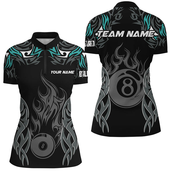 Personalized Billiard Tournament Jersey For Women, 8 Ball Fire Flame Billiard Team Shirts |Turquoise TDM2336