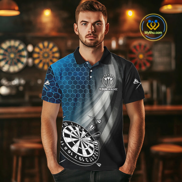 Custom Men's Dart Shirt – Black Blue Hexagon Design Darts Team Jersey | Polo & Quarter Zip Uniform TDM4074