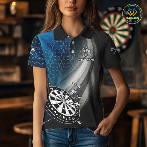 Custom Women's Dart Shirt – Black Blue Hexagon Design Darts Team Jersey | Polo & Quarter Zip Uniform TDM4074