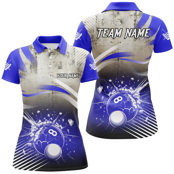 Personalized Blue Grunge Break 8 Ball Billiard Shirts For Women, Retro Team League Billiard Jerseys TDM2344