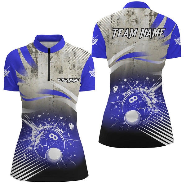 Personalized Blue Grunge Break 8 Ball Billiard Shirts For Women, Retro Team League Billiard Jerseys TDM2344