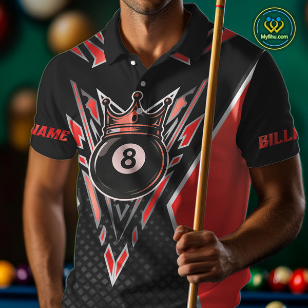 Customized 8 Ball Pool Crown Men Billiard Shirts, Red And Black Billiard Team Shirts, Pool Jersey TDM4079
