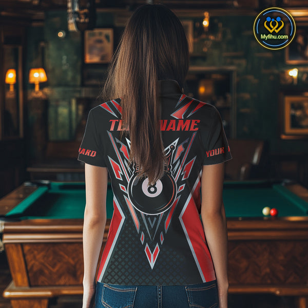 Customized 8 Ball Pool Crown Women Billiard Shirts, Red And Black Billiard Team Shirts, Pool Jersey TDM4079