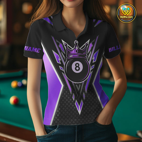 Customized 8 Ball Pool Crown Women Billiard Shirt, Black And Purple Billiard Team Shirt, Pool Jersey TDM4080