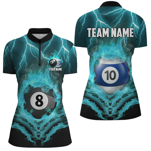 Billiard 8 & 10 Ball Fire Lightning Women Polo & 1/4 Zip Shirts Custom Billiard Jersey |Turquoise TDM1915