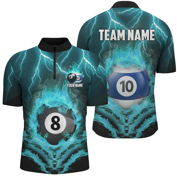 Billiard 8 & 10 Ball Fire Lightning Men Polo & 1/4 Zip Shirts Custom Billiard Jersey |Turquoise TDM1915