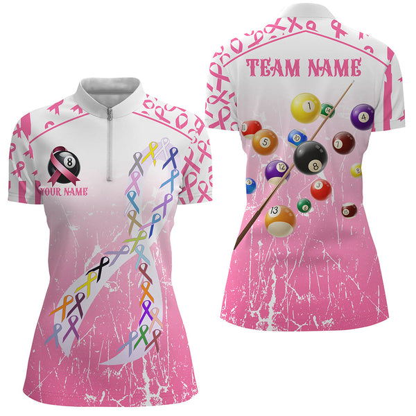 Colorful Ribbon Custom Pink Billiard Shirts For Women, Funny Breast Cancer Shirts Gift For Pool Lover TDM2367