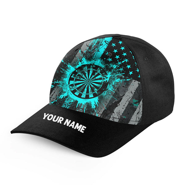 Custom Turquoise Grunge US Flag Patriotic Darts Hat, Personalized Baseball Darts Cap Gifts TDM2611
