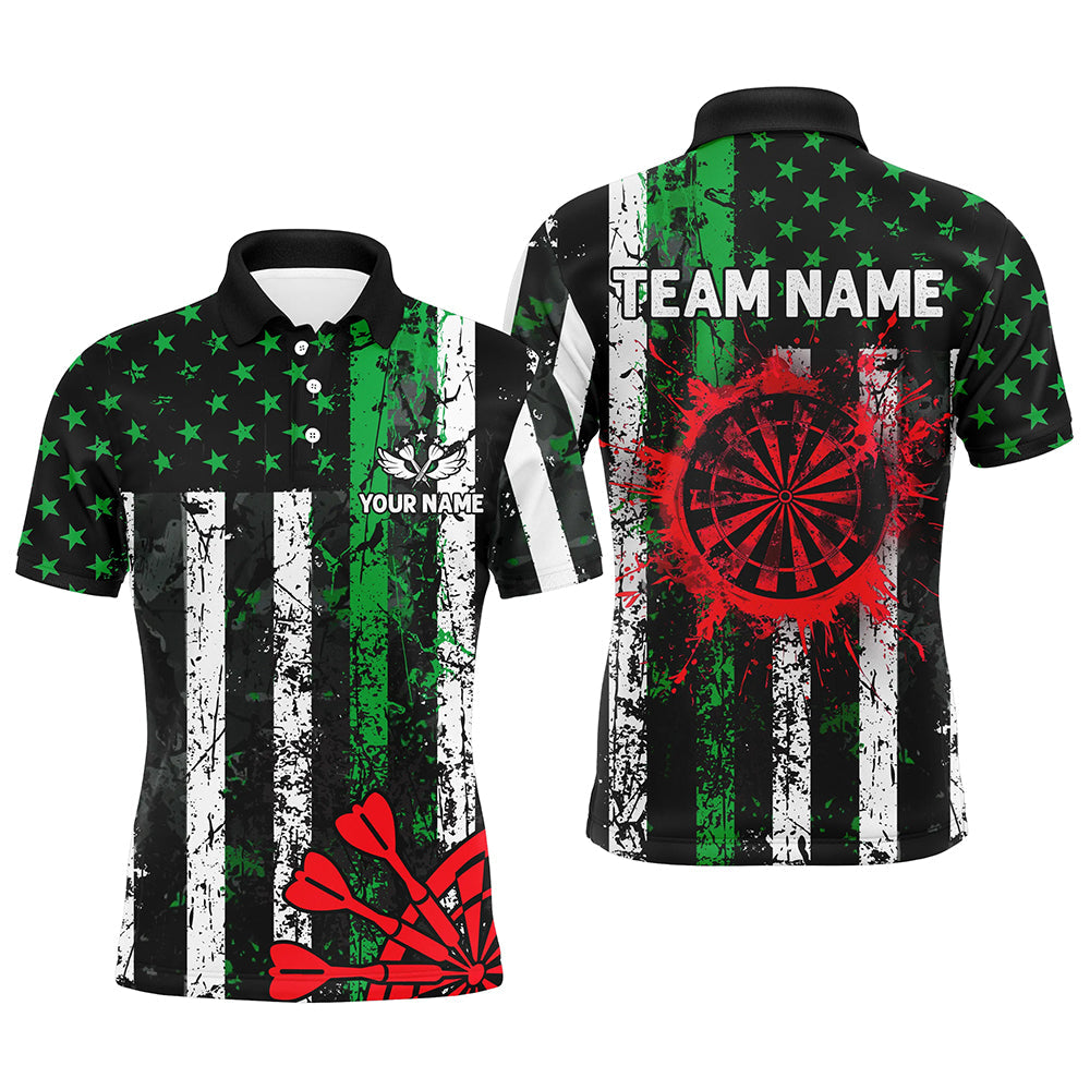 Custom Green And Red Grunge US Flag Men Dart Shirts, Patriotic Christmas Darts Team Jerseys TDM2850