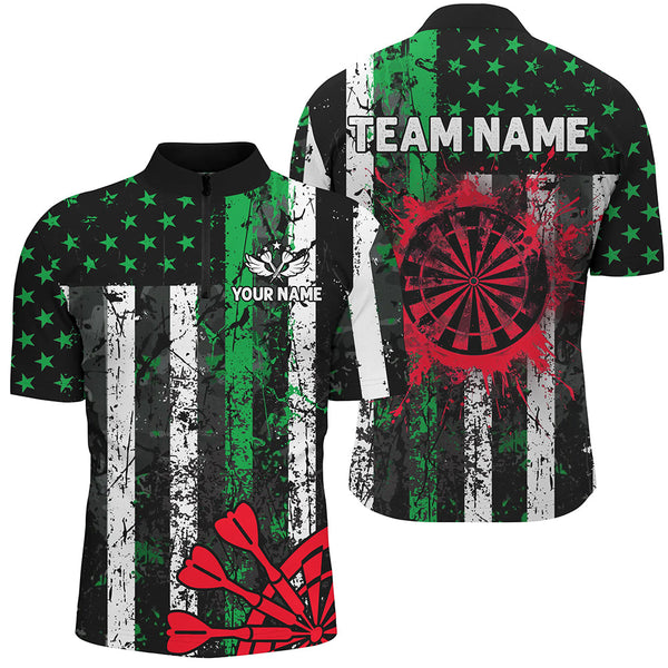 Custom Green And Red Grunge US Flag Men Dart Shirts, Patriotic Christmas Darts Team Jerseys TDM2850