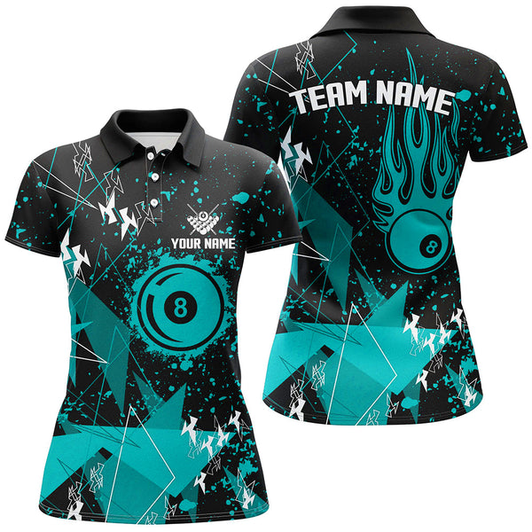 Personalized Turquoise Grunge Billiard Women Shirts, Billiards Jerseys For Pool Player TDM1536