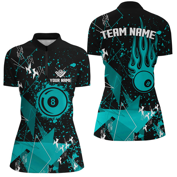 Personalized Turquoise Grunge Billiard Women Shirts, Billiards Jerseys For Pool Player TDM1536