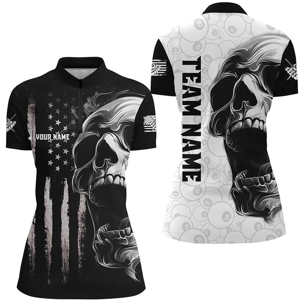 American Flag Skull Custom Women Billiard Jerseys Polo & Quarter- Zip, Patriotic Billiard Shirts TDM2374
