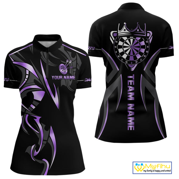 Black And Purple Dartboard Crown Dart Shirts For Women Custom Dart Jersey Team Polo & Quarter Zip TDM4092