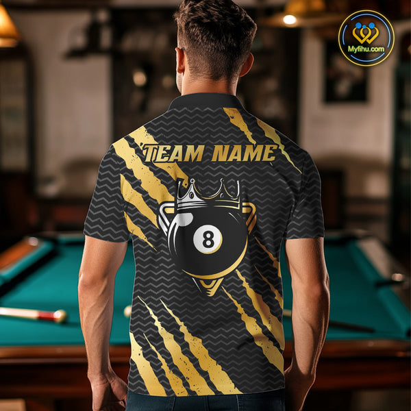 Black And Gold Scratch Billiard Shirts For Men Custom 8 Ball Crown Pool Team Jersey Polo & 1/4 Zip TDM4095