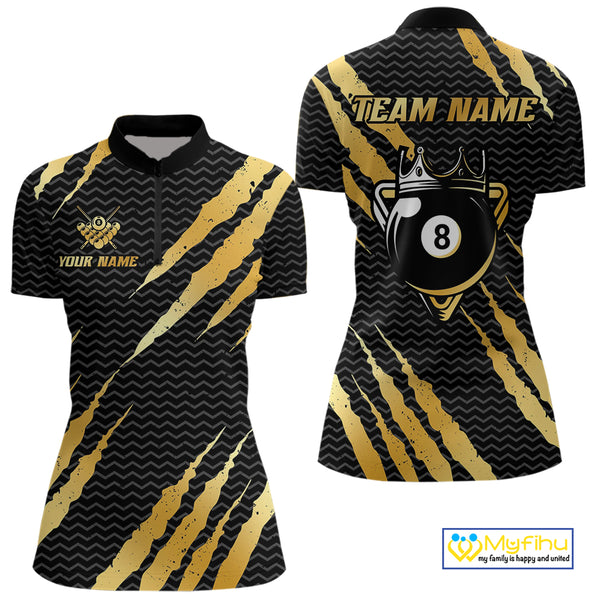 Black And Gold Scratch Billiard Shirts For Women Custom 8 Ball Crown Pool Team Jersey Polo & 1/4 Zip TDM4095