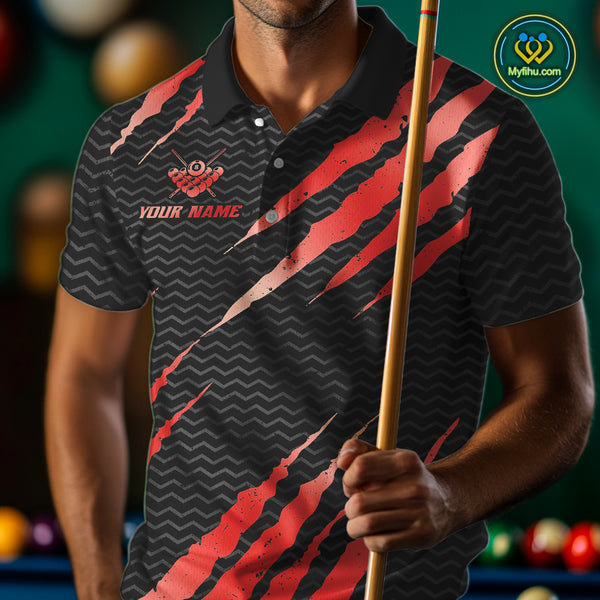 Black And Red Scratch Billiard Shirts For Men Custom 8 Ball Crown Pool Team Jersey Polo & 1/4 Zip TDM4096
