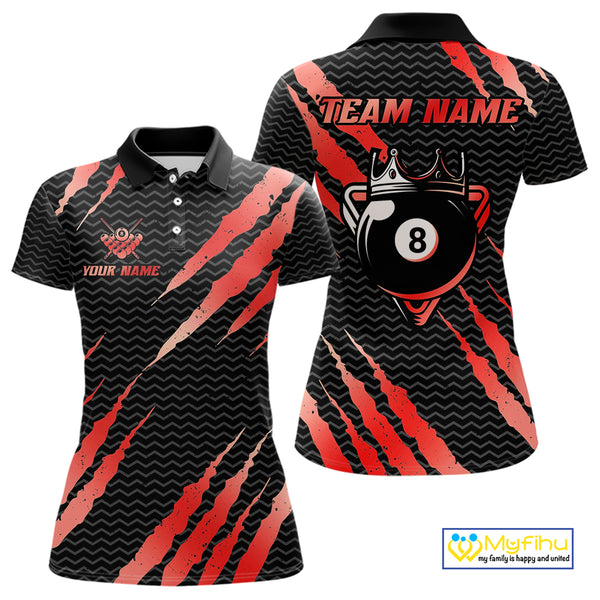 Black And Red Scratch Billiard Shirts For Women Custom 8 Ball Crown Pool Team Jersey Polo & 1/4 Zip TDM4096