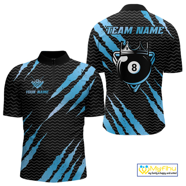 Black And Blue Scratch Billiard Shirts For Men Custom 8 Ball Crown Pool Team Jersey Polo & 1/4 Zip TDM4097
