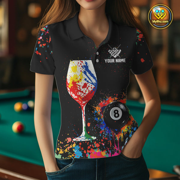 Personalized Colorful Splash 8 Ball Billiard Shirts For Women, Funny Wine Glass Custom Pool Jerseys TDM4100