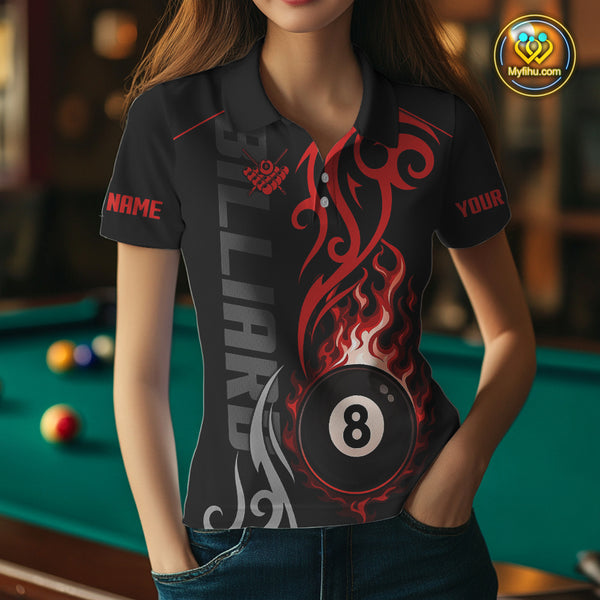 Black And Red Tribal Flame 8 Ball Pool Billiards Shirts For Women Custom Pool Team Jerseys TDM4101