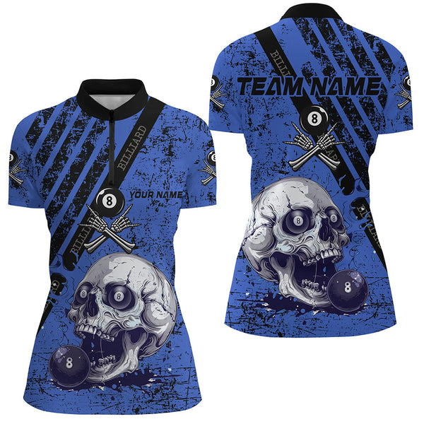 Personalized Grunge Blue Billiard Skull Custom Women Billiard Shirts, Billiard Pool Team Club Uniform TDM1930
