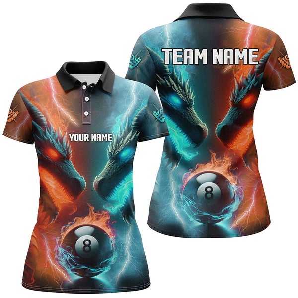 Custom Orange Cyan Fire 3D Dragon 8 Ball Pool Billiard Shirts For Women, Team League Billiard Jerseys TDM2395