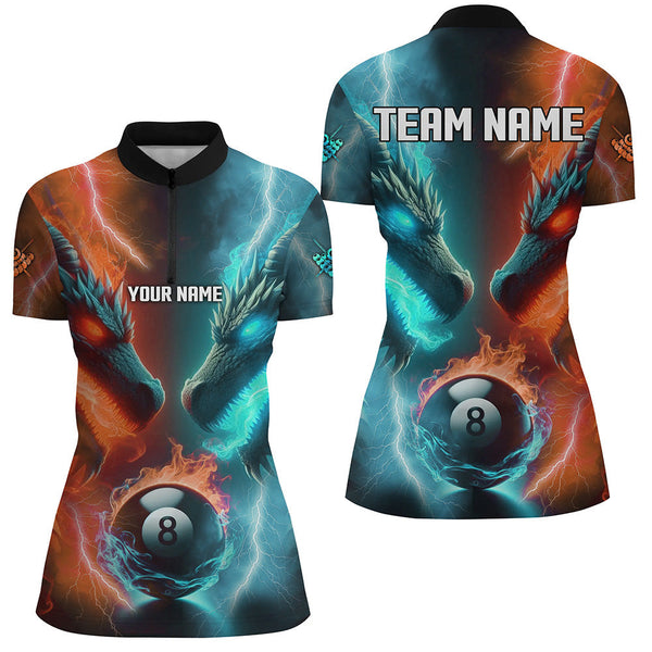 Custom Orange Cyan Fire 3D Dragon 8 Ball Pool Billiard Shirts For Women, Team League Billiard Jerseys TDM2395