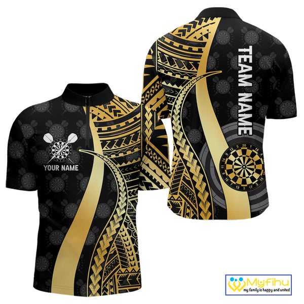 Personalized Black And Golden Tribal Dart Shirts For Men Custom Dart Jersey Team Polo & 1/4 Zip TDM4105