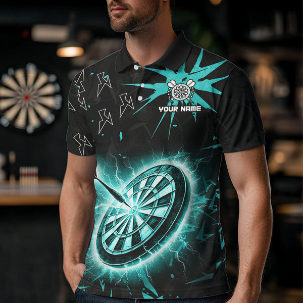 Custom Dart Jerseys For Men, Black And Turquoise Dartboard Thunder Lightning Darts Polo & 1/4 Zip TDM3667
