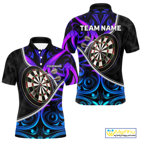 Neon Purple Blue Tribal Pattern Dart Shirts For Men Custom Dart Jerseys Team Polo & Quarter Zip TDM3823