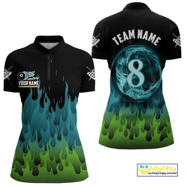 Green And Blue Flaming 8 Ball Pool Women Billiard Polo & 1/4 Zip Custom Pool Team Player Jersey TDM3828