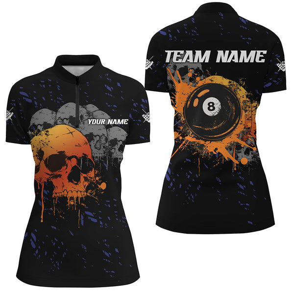 Custom Grunge Orange Skull 8 Ball Pool Women Billiard Polo & Quarter-Zip Shirts, Pool Player Shirts TDM1733