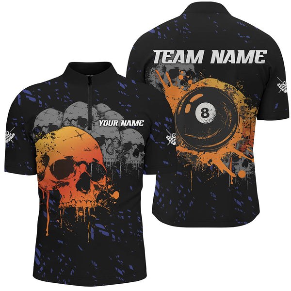 Custom Grunge Orange Skull 8 Ball Pool Men Billiard Polo & Quarter-Zip Shirts, Pool Player Shirts TDM1733