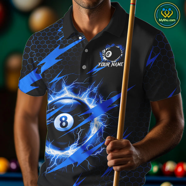 Blue 8 Ball Pool Thunder Lightning Storm Men's Billiard Shirt Custom Billiard Jersey Polo & 1/4 Zip TDM3832