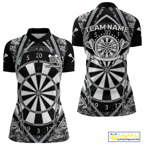 Personalized Grunge Grey Pixel Camo Dart Shirts For Women, Dart Jerseys Team Polo & Quarter Zip TDM3954