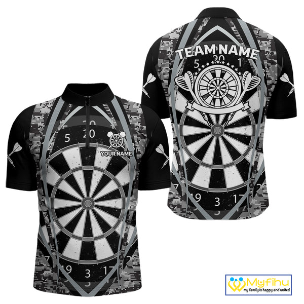 Personalized Grunge Grey Pixel Camo Dart Shirts For Men, Dart Jerseys Team Polo & Quarter Zip TDM3954