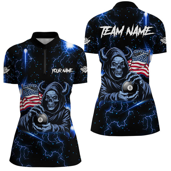 Blue Skull Thunder Lightning US Flag Custom Women Billiard Shirts, Patriotic Billiard Team Jerseys TDM1973