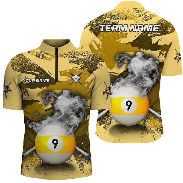 Funny 9 Ball Pool Custom Yellow Camo Men Polo & Quarter-Zip Shirts, Billiard Snooker Outfits TDM2456